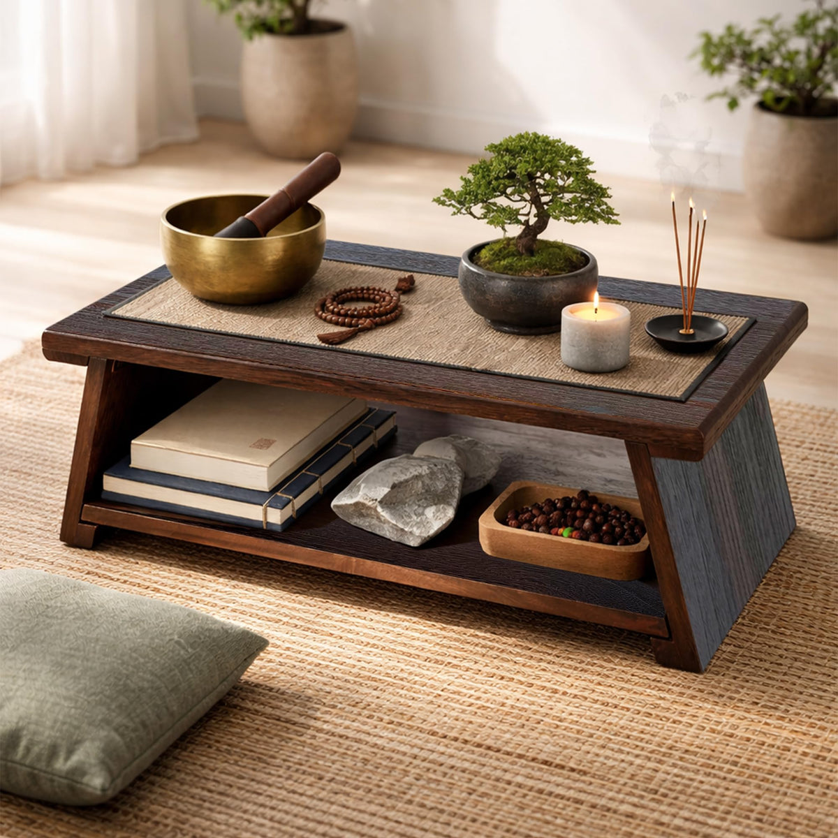 Japanese Low Floor Table Folding Coffee Tables (Walnut Color)