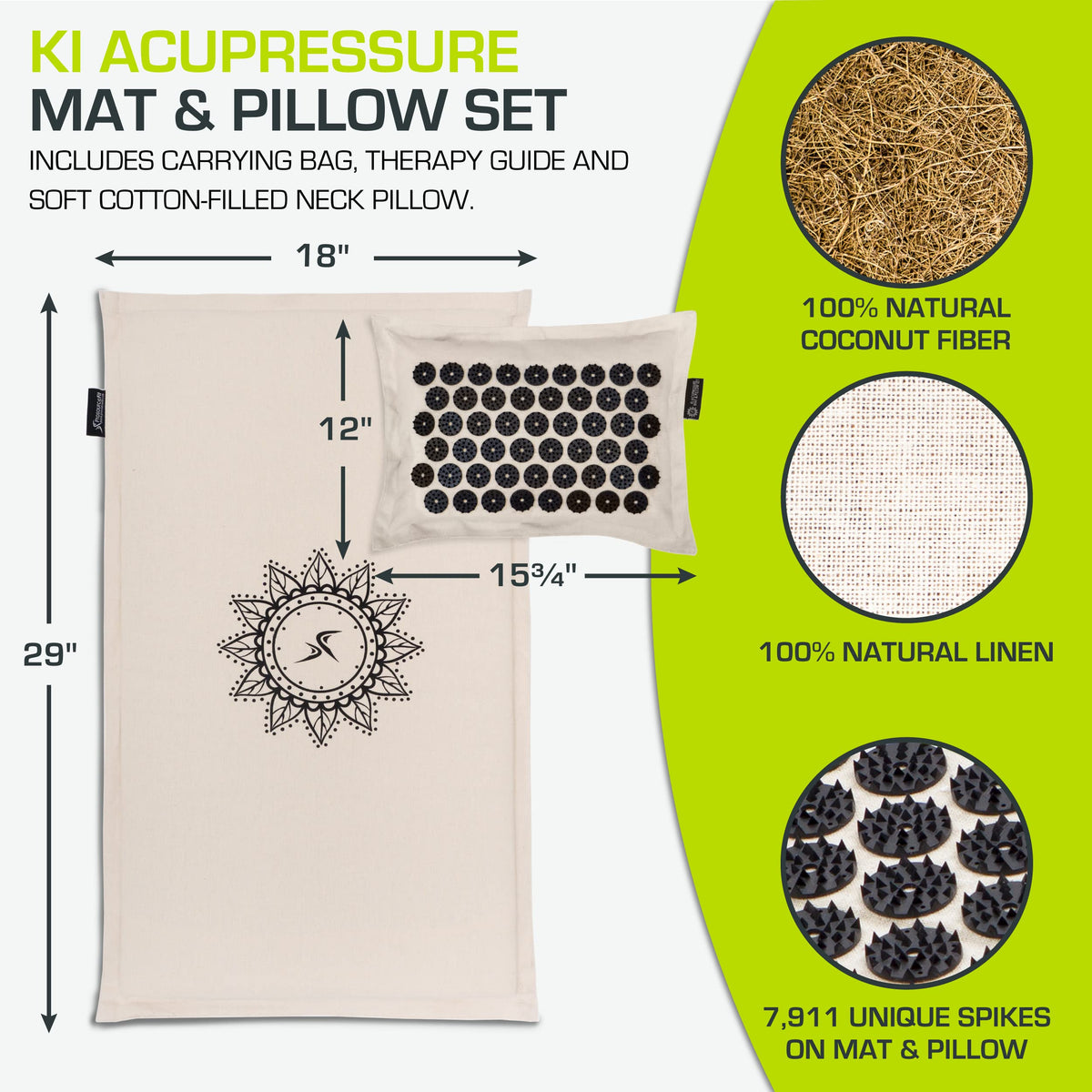 Fit Ki Acupressure Mat and Pillow Set with 100% Natural Linen for Back (Onyx Gold)