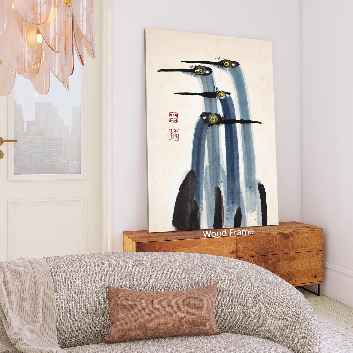 Vintage Japanese Crane Framed Poster Antique Asian Bird Canvas Wall Art 8x10 inch Blue Minimalist Animal Watercolor Prints for Country Farmhouse Wall Decor for Living Room Study Office Ready to hang (Wrapped Canvas / Japanese Decor / 10"L x 8"W)