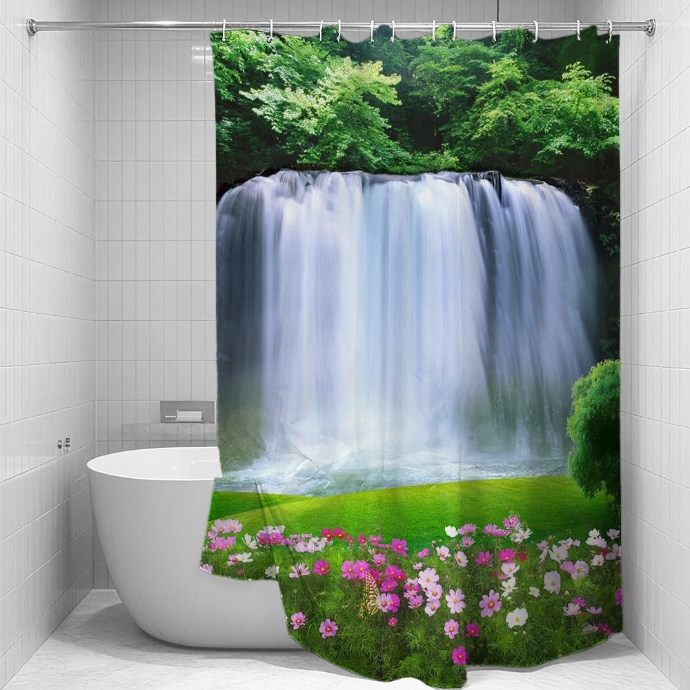 Spring Scenery Shower Curtain Set Decor Forest View Magnificent Waterfall Landscape Natural Scecery Green Leaves Grass Pink Floral Bath Curtain for Bathroom Decor with Hooks (72"W x 72"L (Pack of 1) / Green03)