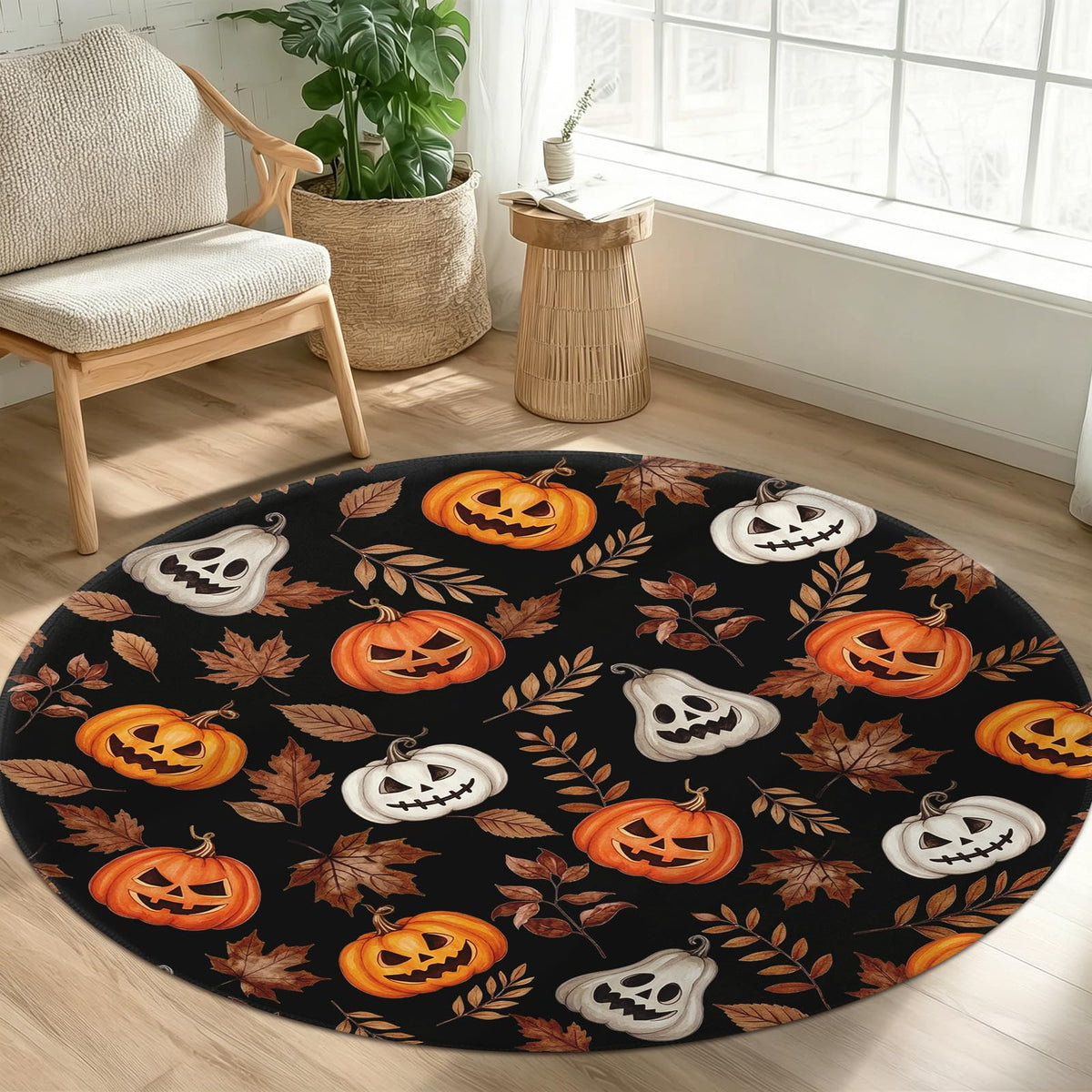 Halloween Round Area Rug 4ft (Spooky-orange White Pumpkin / 4' (Round))