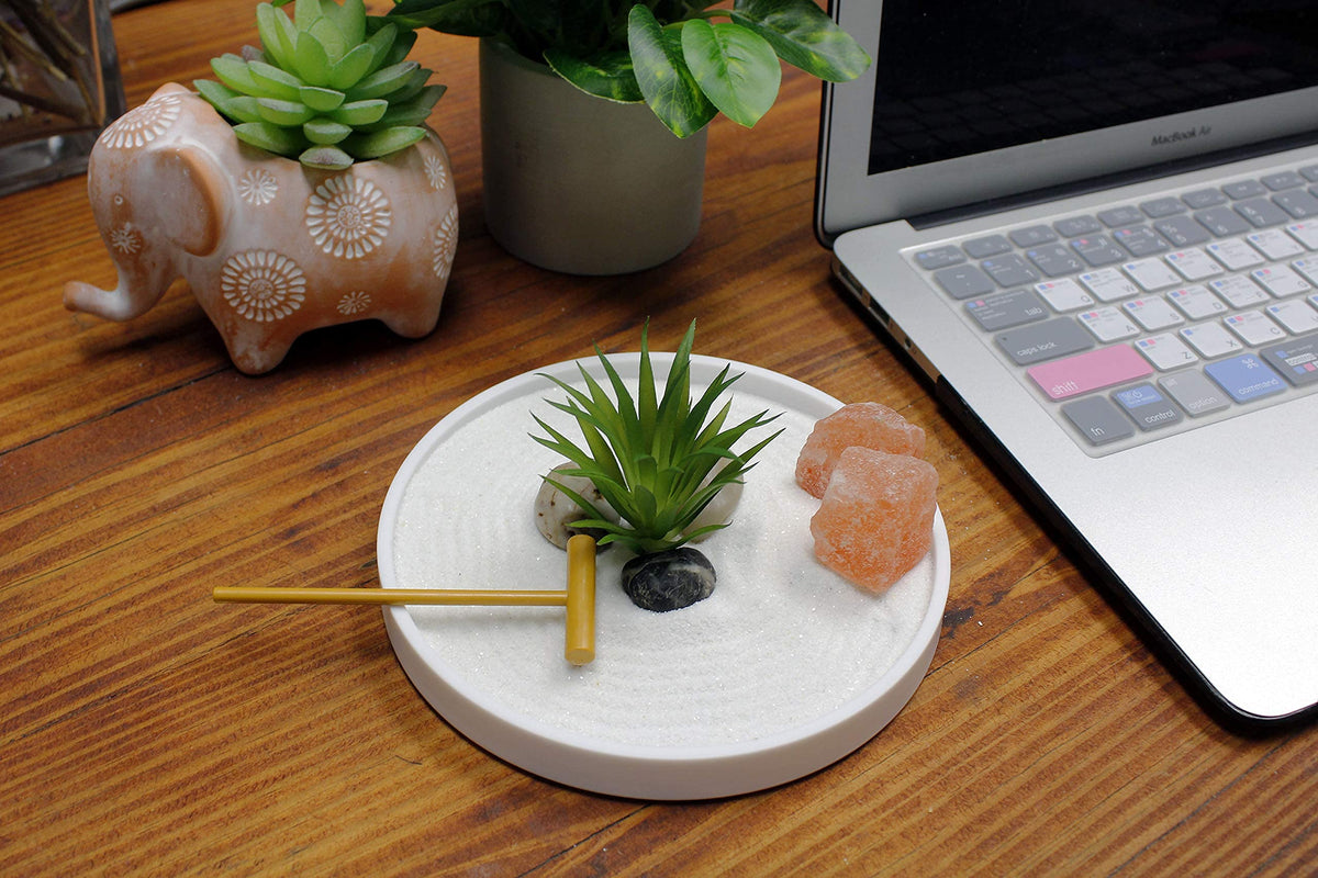 Mini Zen Garden Kit for Desk with White Sand (Round)