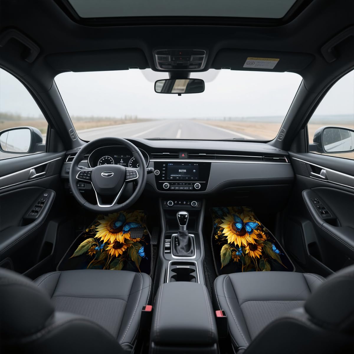 Sunflower Car Floor Mats Set of 4 Butterfly Blue Yellow Bright Color Carpet Front Rear Carpets Mat Non (26.8"L x 17.3"W x 0.4"Th / Sunflower)