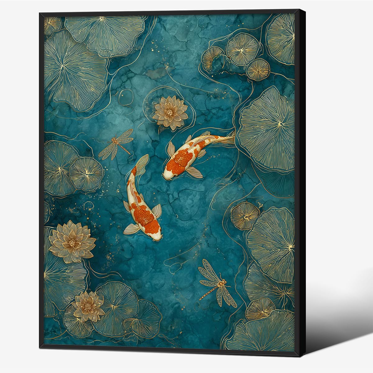 Japanese Koi Fish Zen Black Framed Canvas Wall Art Traditional Oriental Asian Prints 16x20 inch Elegant Emerald Green Pond Koi Fish Posters for Office Home Bedroom Meditation Yoga Spa Room Decor (Black Framed / Japanese Posters / 20"L x 16"W)
