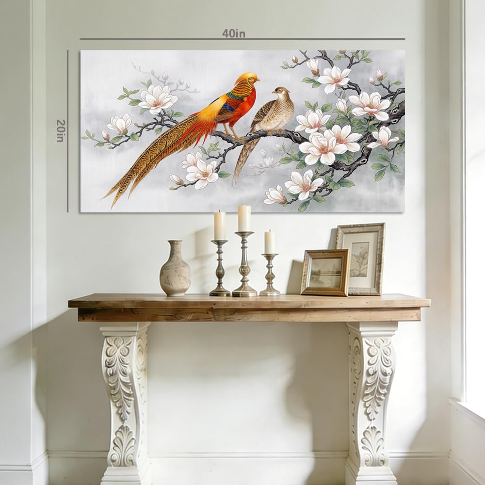 Oriental Golden Pheasant Canvas Wall Art White Magnolia Chinoiserie Painting Flat Print Gallery Wrapped Asian Bird Artwork for Living Room Bedroom Bathroom Decor (Wildlife / White Golden Pheasant Couple 26 / 40"L x 20"W)
