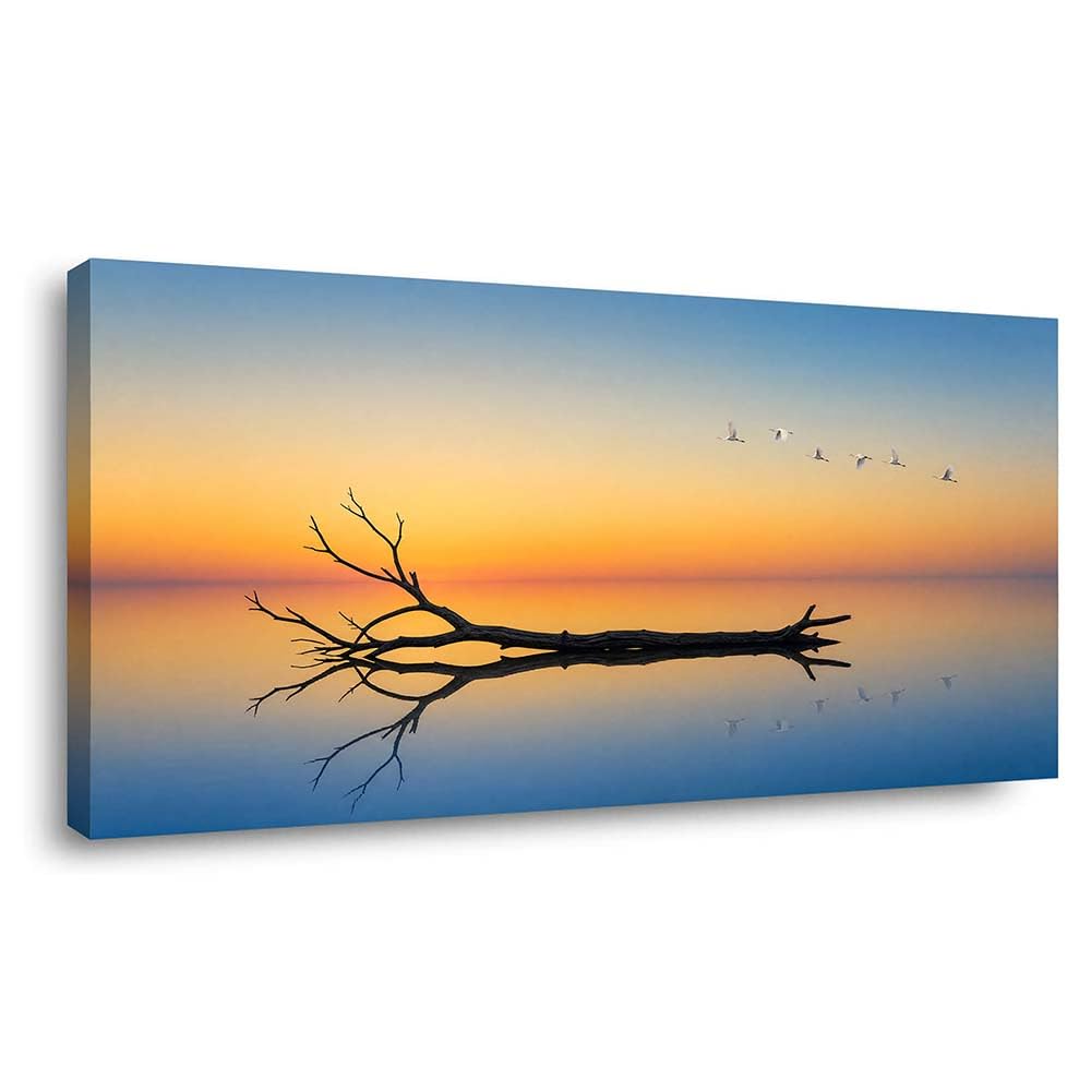 Minimalist Bare Tree Canvas Wall Art Zen Lake Reflection Landscape Painting Flat Print Gallery Wrapped Moody Artwork for Living Room Bedroom Bathroom Decor (Mysterious / Black Dead Tree Branch 18 / 46"L x 23"W)