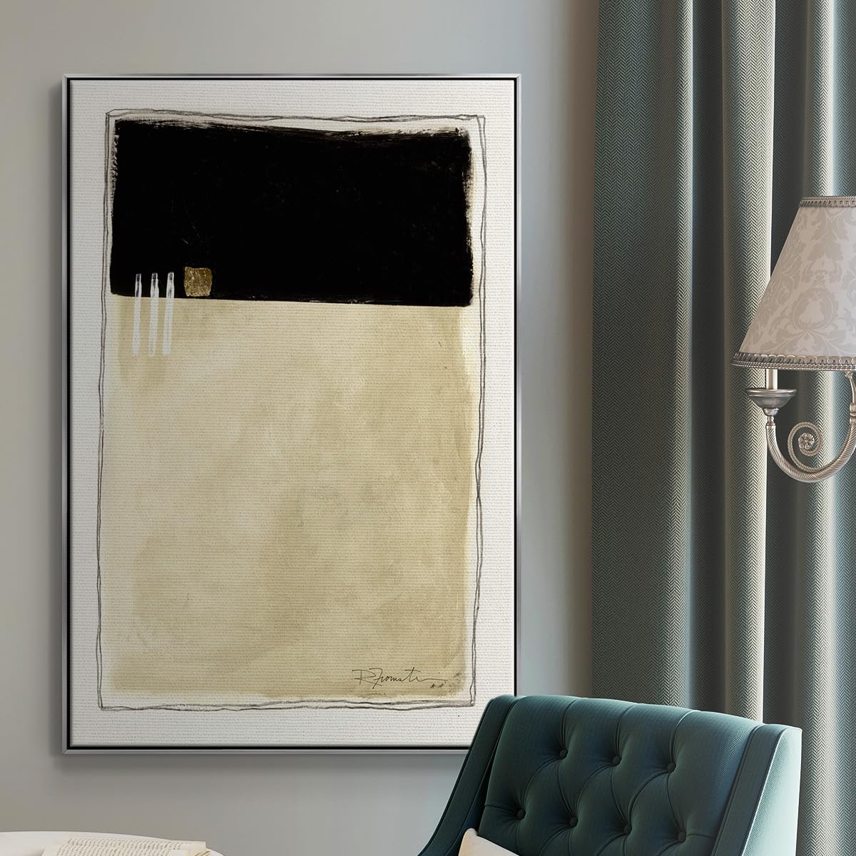 Abstract Wall Art Prints for Home Decor Gold White Geometric Patterns Abstract Silver Floater Frame Paintings for Bedroom Office Kitchen (37"L x 25"W / Inner Musing II)