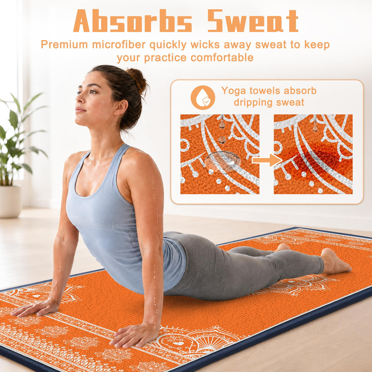 Yoga Towel Absorbent Yoga Mat Towel for Hot Yoga Non Slip (Orange Mandala / Casual)