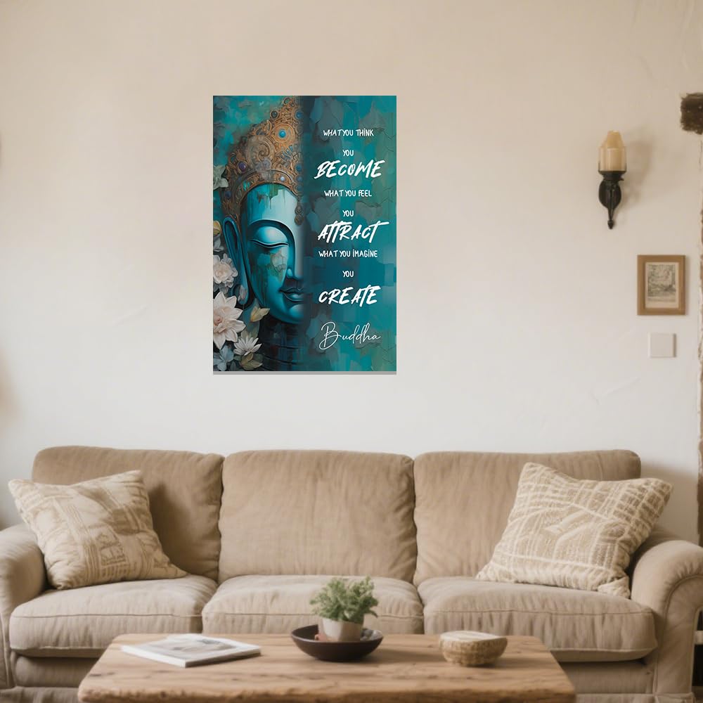 Buddhist Motivational Wall Art Buddha Quotes Canvas Pictures Zen Bathroom Painting Spa Artwork Prints for Yoga Room Office Decor Framed (Teal / 12" x 18")