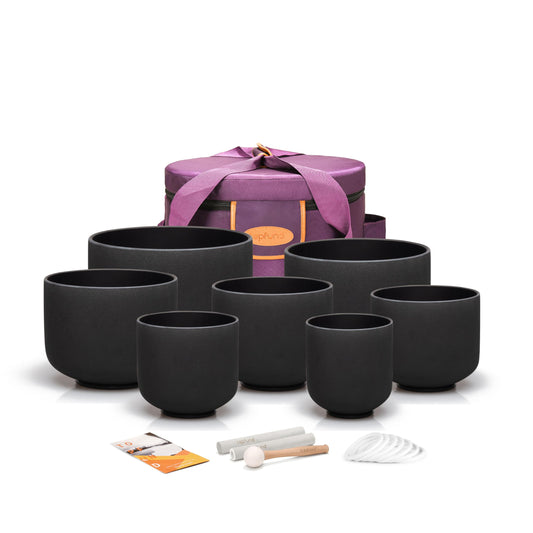 6 14 inch Chakra Set of 7 Black Crystal Singing Bowls with Heavy Duty Carrying Case and Singing Bowl Mallets (6-14 inch / Set of 7 Black Bowls)
