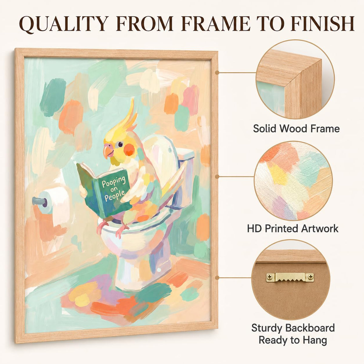 Framed Funny Parrot Bathroom Wall Art Cute Cockatiel Whimsical Canvas Print (Cockatiel / 24"L x 16"W)