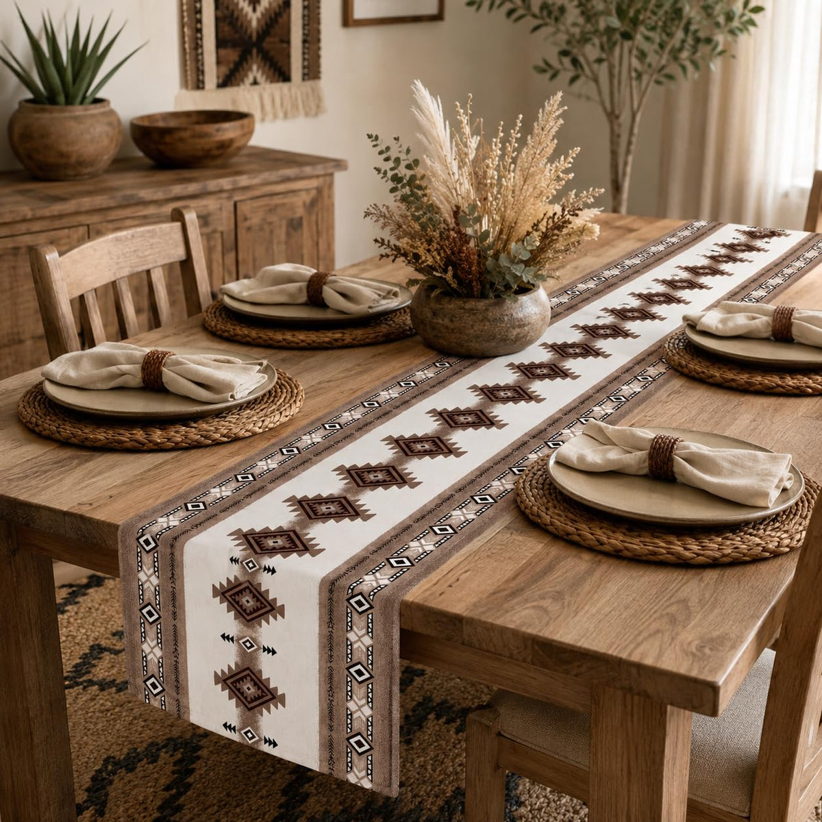 Aztec Geometric Table Runner (13x90inch / Southwestern Brown)
