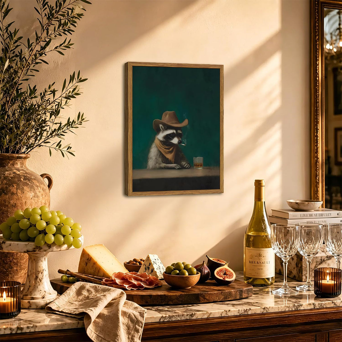 Framed Funny Raccoon Wall Art (Moody Raccoon / 16"L x 12"W)