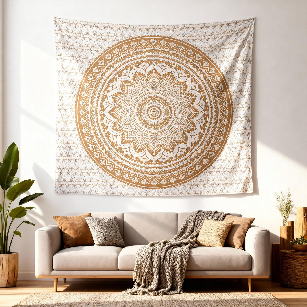 Handmade Cotton Mandala Wall Tapestry (White Gold / 60"L x 50"W)