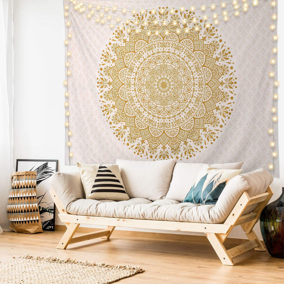 White and Gold Mandala Tapestry Wall Art for Living Room (91"L x 71"W / Mandala Tapestry-3)