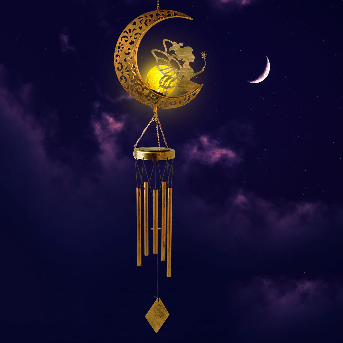 Solar Wind Chimes Moon Fairy Hanging Outdoor Decor Crackle Glass Ball Warm Memorial Wind Chimes Light Patio Lawn Yard Gardening Gift for mom for Grandma Gifts Christmas Decorations (Moon Fairy)
