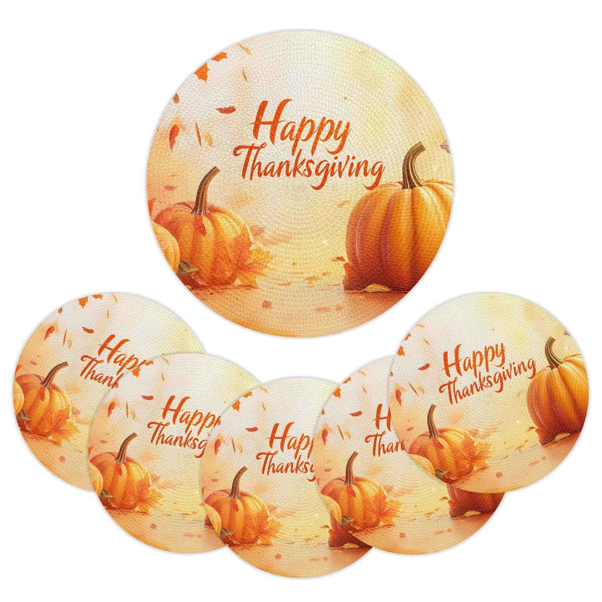 Thanksgiving Pumpkin Round Placemats Set of 6 Woven 15 Inch (B 003 / 6 pieces)