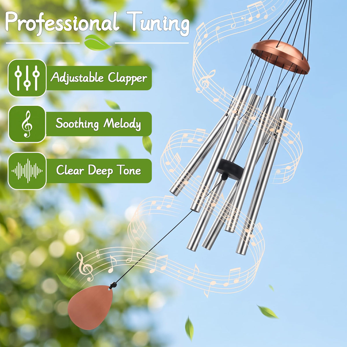37" Large Aluminium Wind Chimes for Outside Deep Tone Silver (Silver)