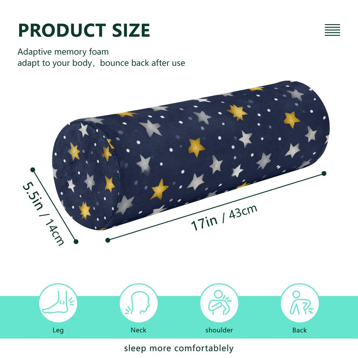 Navy Blue Stars and Polka Dots Neck Roll Pillow Bolster Round Health Memory Foam Long Cervical Cylinder Pillows with Removable Washable Cover for Body Bed Legs Back Yoga (Navy Blue Stars and Polka Dots)