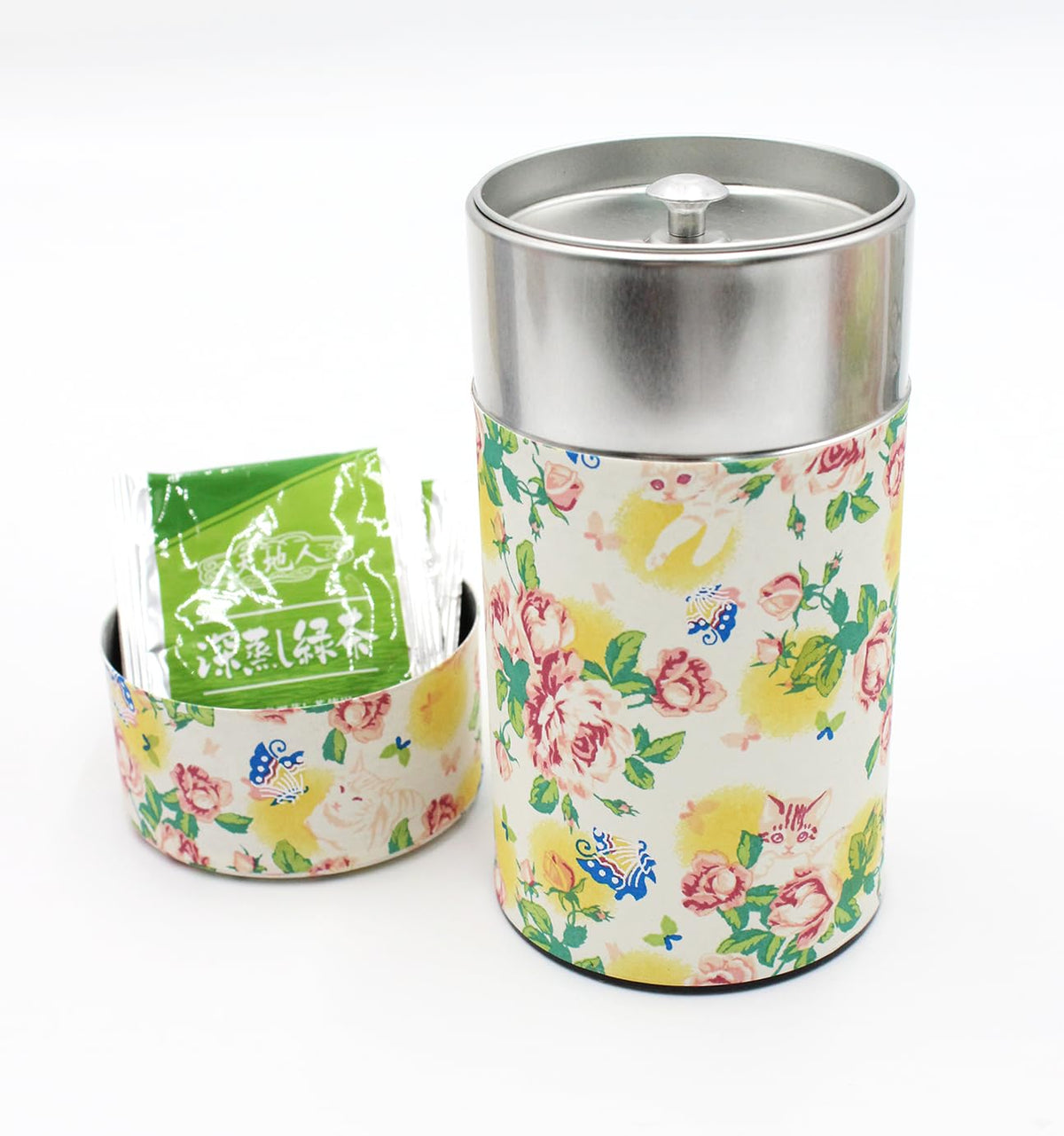 Japanese Pokkan Matcha Coffee Spice Tea Tin Canister Washi Paper Storage with Lid 7.05 oz Capacity (Neko)