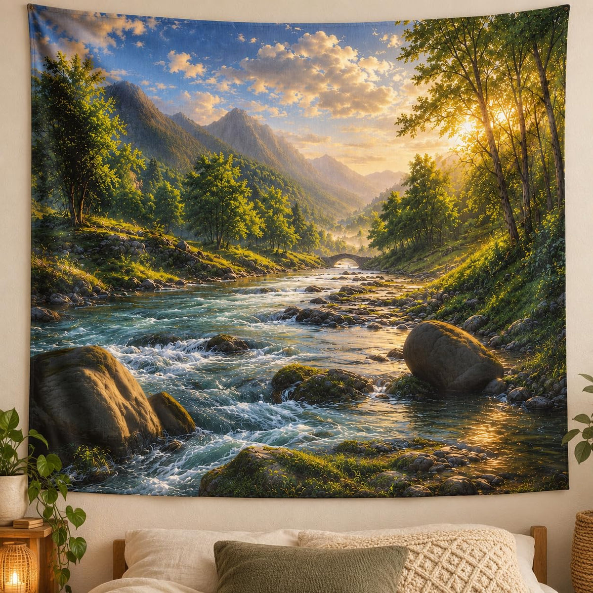 Sunlit River Mountain Tapestry 60x50 (Golden River Valley)