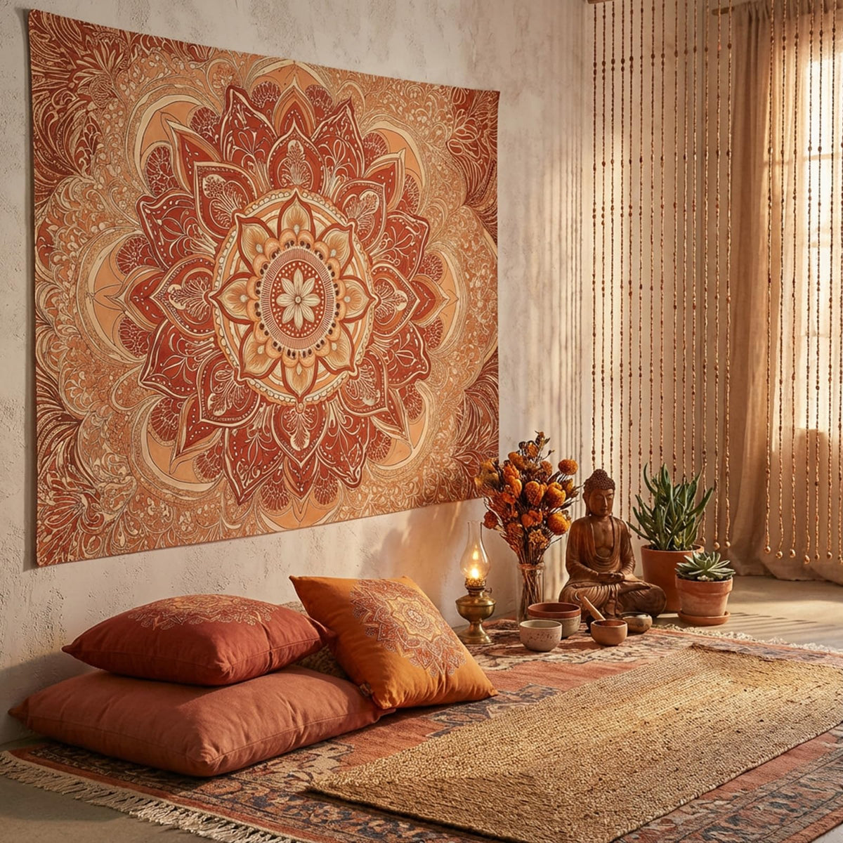 Tapestry Ornate Floral Mandala Tapestries Bohemian Indian Tapestries Elegant Pattern Wall Tapestry Bedroom Dormitory Living Room Decoration 80"x60" (Earth Tones / 80"L x 60"W)