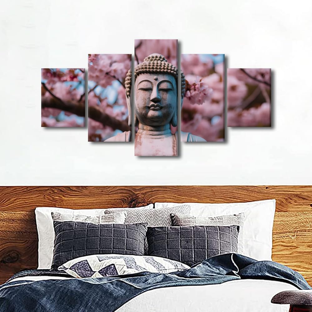 Buddha Canvas Wall Art Modern Living Room Decor Buddha Statue Cherry Blossom Poster Prints on Canvas 5 Panel Bedroom Wall Art for Office Wall Decoration Stretched and Framed Ready to Hang 60x32 in (60x32 in / 5PANEL-13)