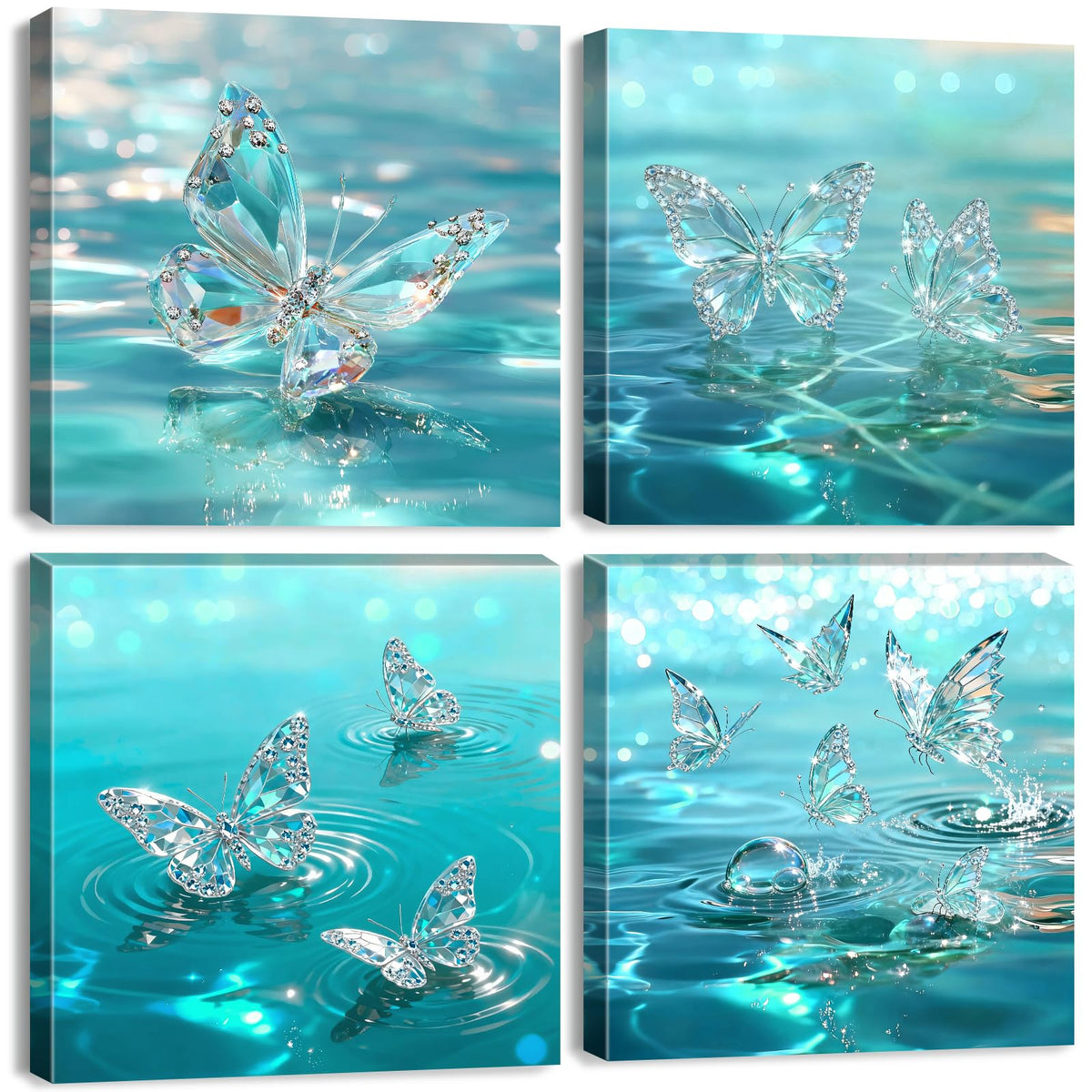 Teal Butterfly Wall Art Turquoise Pictures for Bedroom Decor Crystal Butterflies Wall Decor Blue Butterfly Posters Prints Water Scenery Paintings Artwork Living Room Home Decorations 12x12” (12"L x 12"W / Butterfly02)