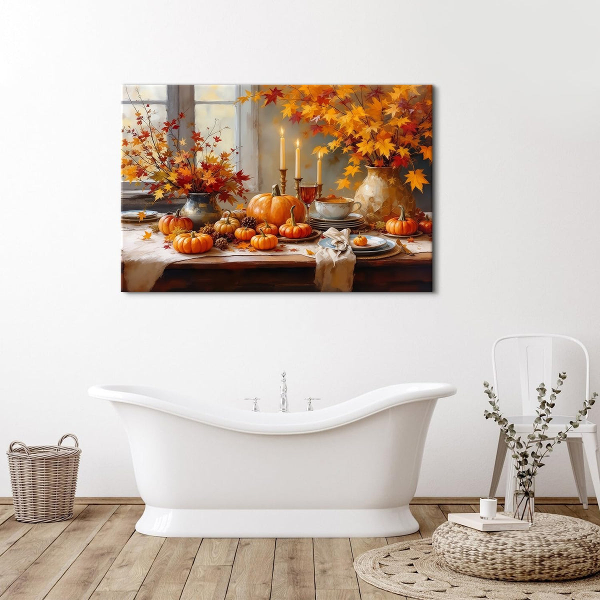 Rustic Pumpkin Wall Art Fall Themed Maple Leaves Wall Decor Farmhouse Autumn Painting Vintage Farm Fall Harvest Canvas Prints Still Life Pictures Artwork for Kitchen Dining Room Home Decoration 32x48" (48"L x 32"W / Pumpkin)