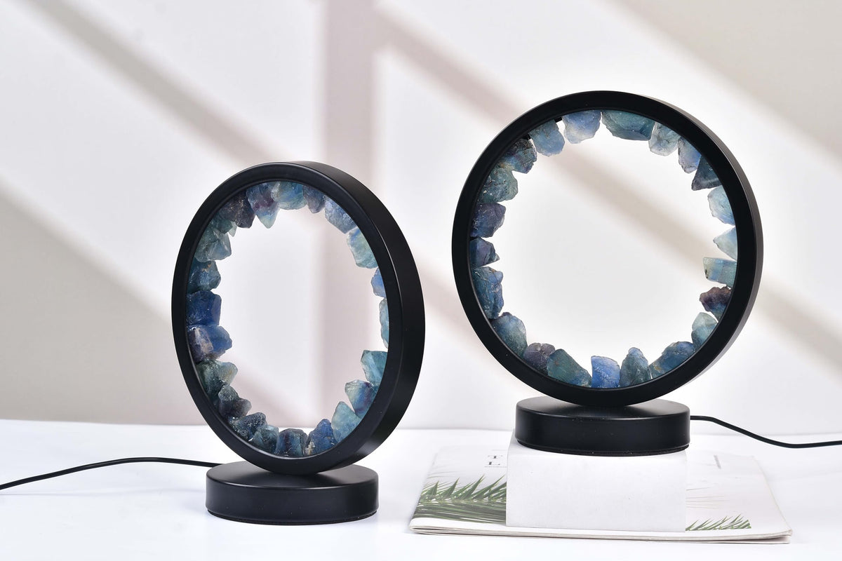 Natural Blue Fluorite Crystal Night Light Round Lamp Decor (Blue Fuorite Round)