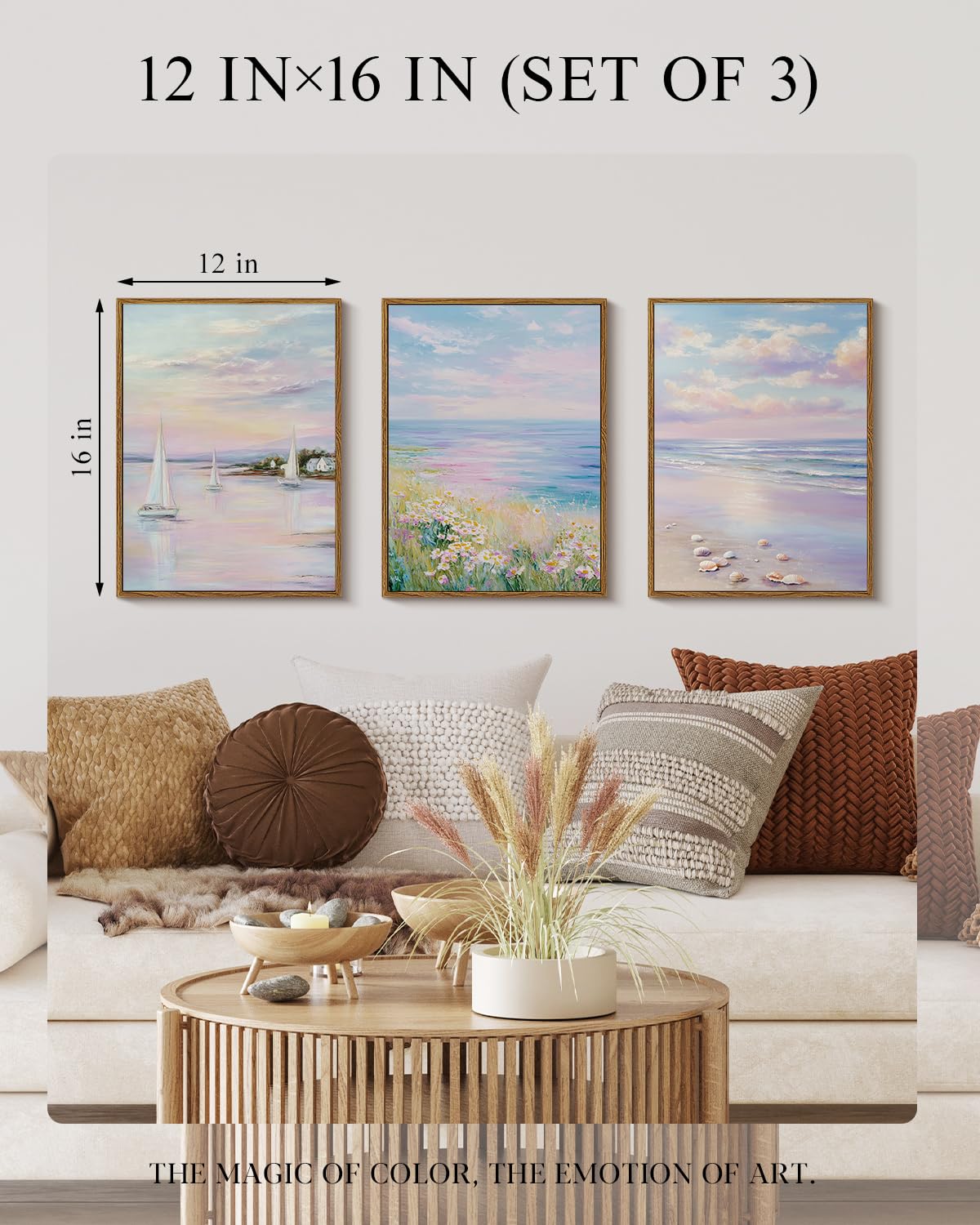 Pink Purple Coastal Sunrise 12''x16''Wall Art Set of 3 Framed Canvas Prints (The Colorful Beach / 12"x16"x3)