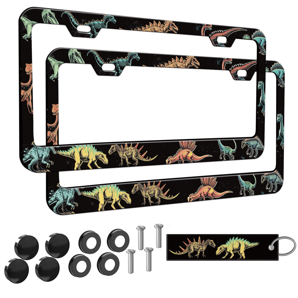 Colorful Dinosaurs License Plate Frame Women 2Pc Car Tag (for animal-Dinosaurs / 2 pack)