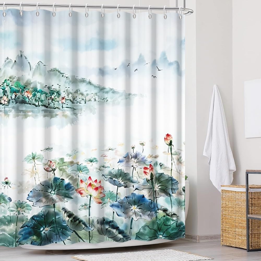 Watercolor Lotus Shower Curtain Flower Plant Mountain River Wild Goose Bathroom Curtains Chinese Pastoral Landscape Ink Painting Lotus Green Decorative Fabric Shower Curtain Set with Hooks 72x84 Inch (72"W x 84"L (Pack of 1) / Green-12)