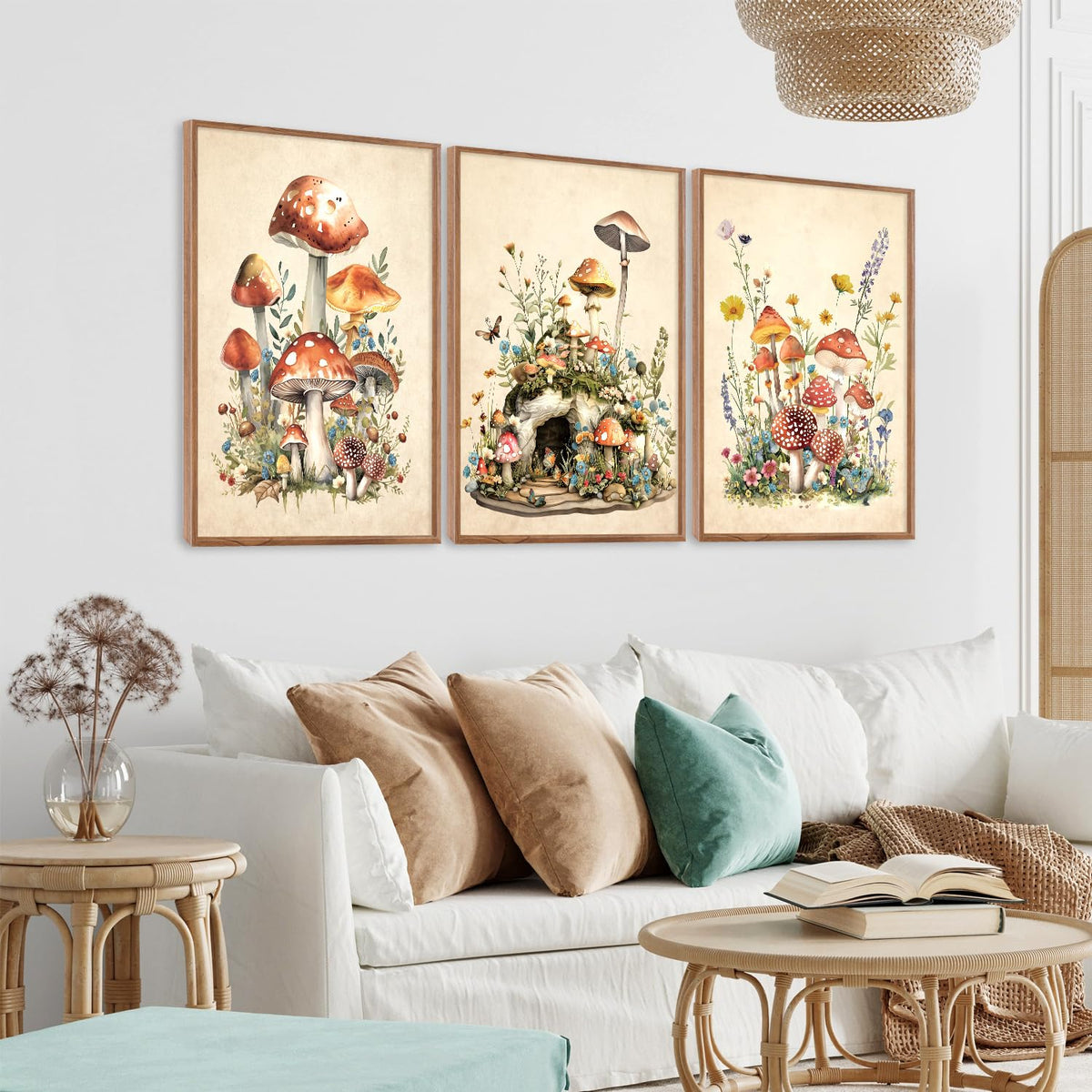Vintage Mushroom Framed Canvas Wall Art Set Of 3 (Mushroom wall art)