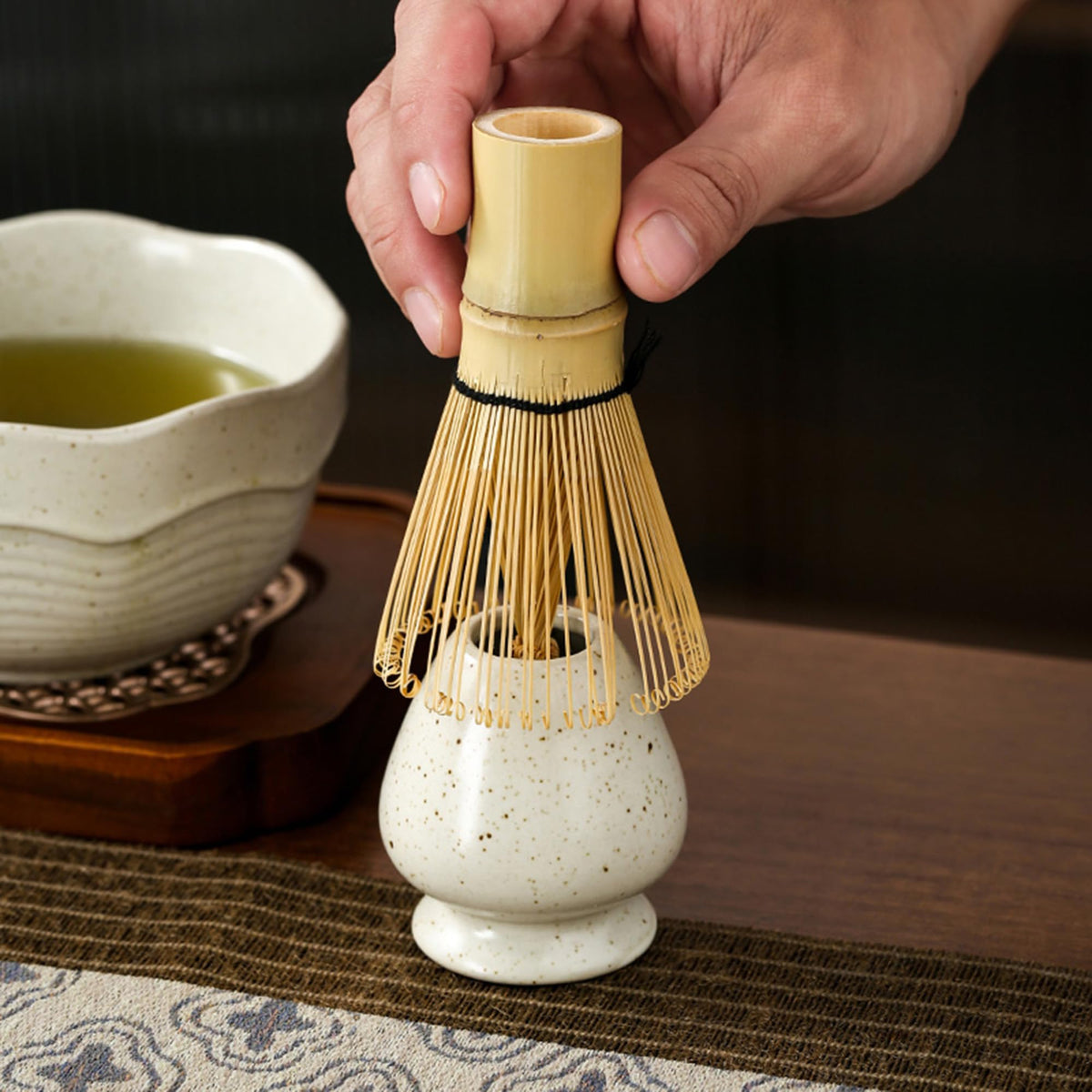 Matcha Bowl Set with Bamboo Whisk (off-white with light brown speckled texture)