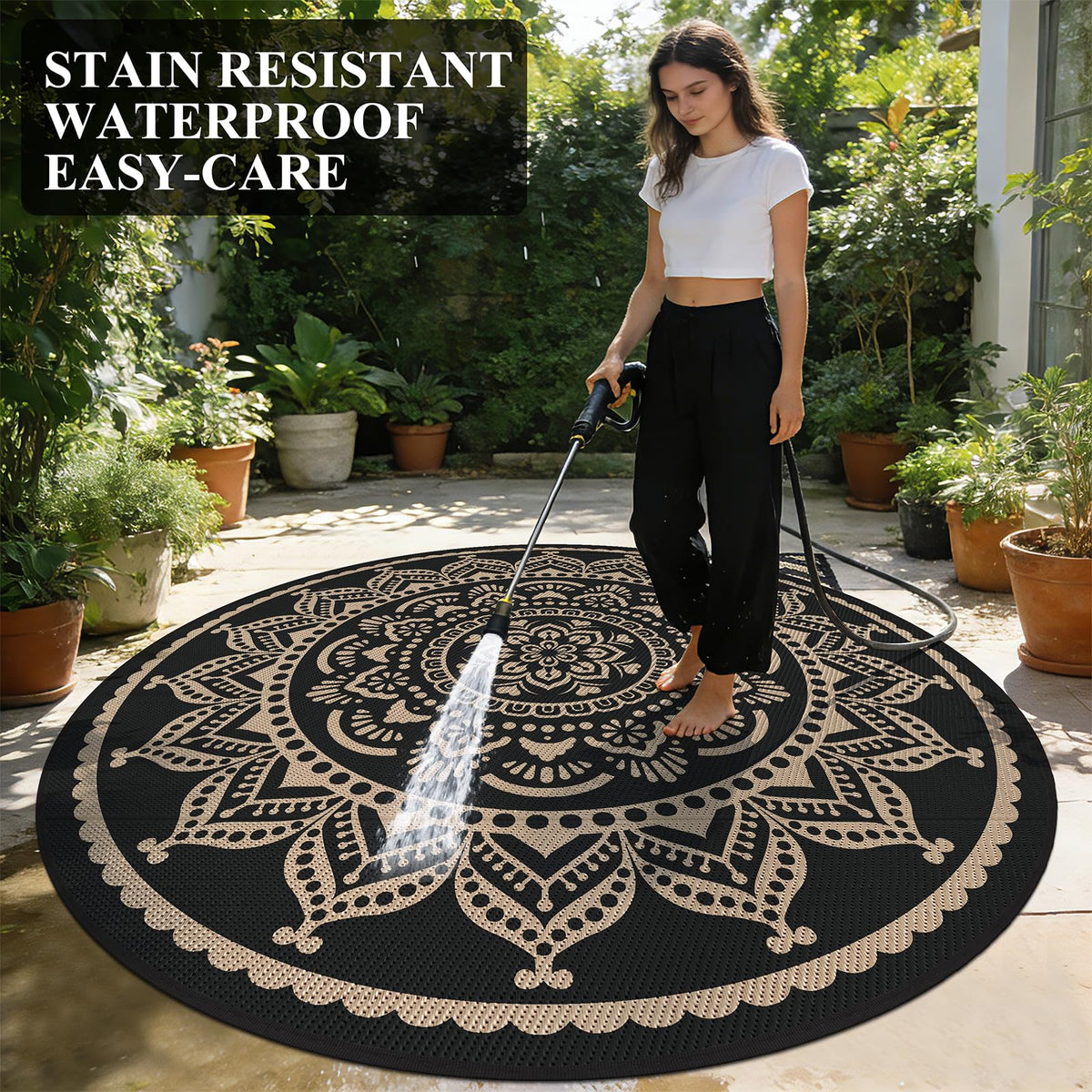 Waterproof Outdoor Rug (Flower Black Gold / 6' (Round))