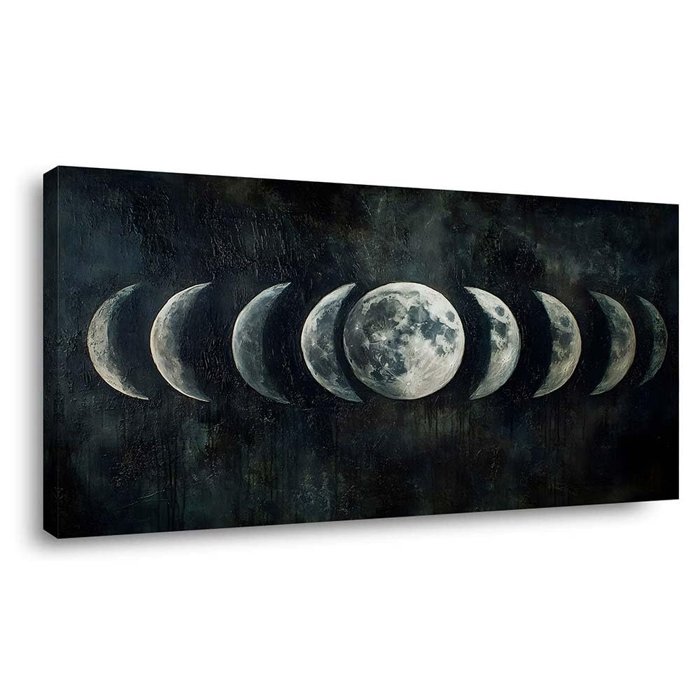 Moon Phase Canvas Wall Art Lunar Cycle Celestial Painting Flat Print Gallery Wrapped Dark Moody Artwork for Living Room Bedroom Bathroom Decor (Mysterious / Black Moon Phases 36 / 46"L x 23"W)