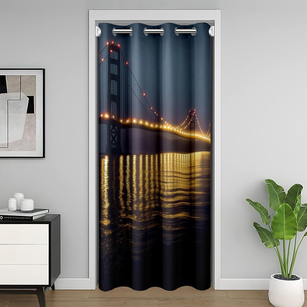 Golden Gate Bridge Door Curtain for Doorway Privacy 52x84 Inch 1 Panel Kids Nightscape Closet Cover Teens City Scenery Room Divider Curtain Breathable Soft Black and Yellow Room Decor (Dull Black and Yellow / 52"W x 84"L (Pack of 1))