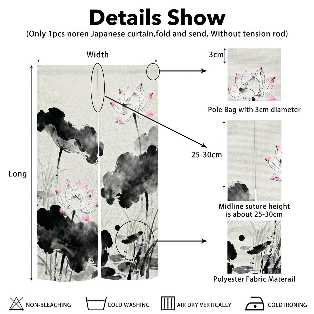 Japanese Noren Doorway Curtain Chinese Lotus Door Curtains 33.5x47.2inch (Grey / 33.5"W x 47.2"L (Pack of 1))