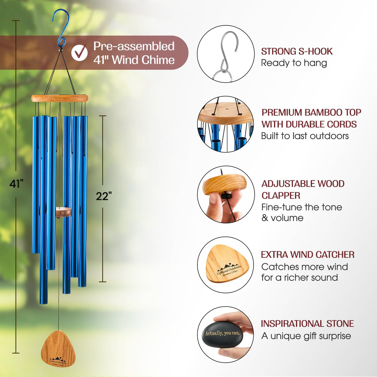 UpBlend 41" Blue Aluminum Wind Chimes for Outside (41")