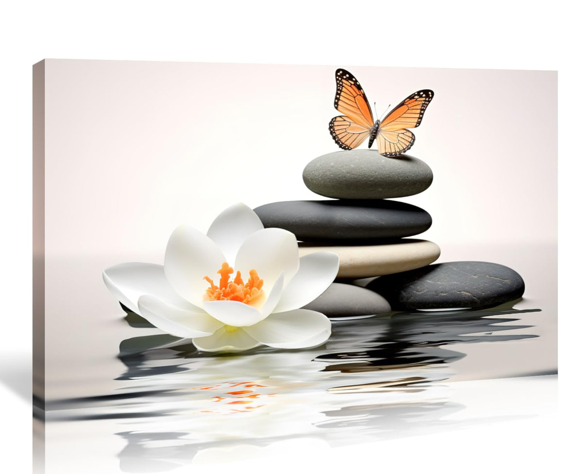 Zen Wall Art Lotus Painting Canvas Print Wall Decor Spa Stones with Butterfly Pictures Relax Meditation Artwork for Home Living Room Bedroom Bathroom Decor Frame (30"L x 20"W / R - Zen)