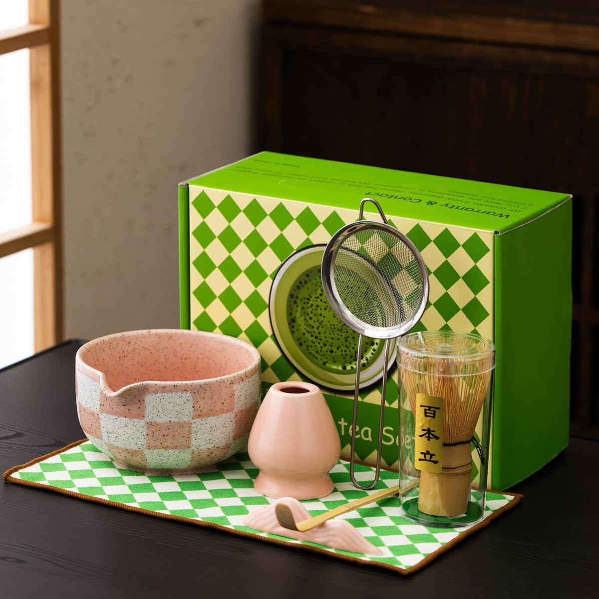 Premium 7 Piece Matcha Tea Set (Pink grid)