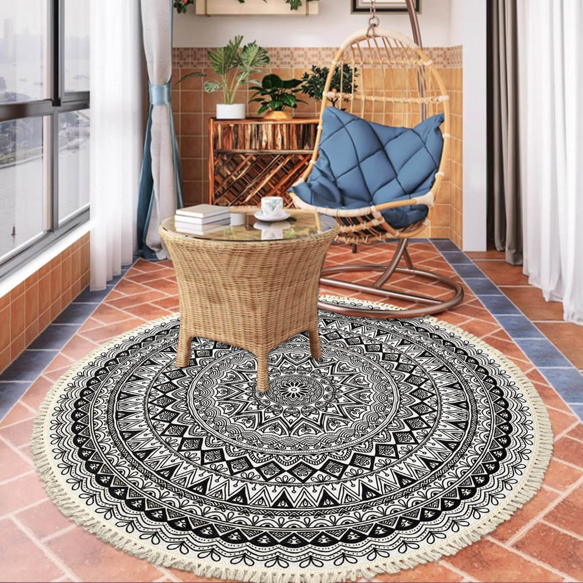 Boho Rug 4Ft Black Round Washable Carpet for Bedroom Farmhouse (Boho Flower 1 / 4' (Round))