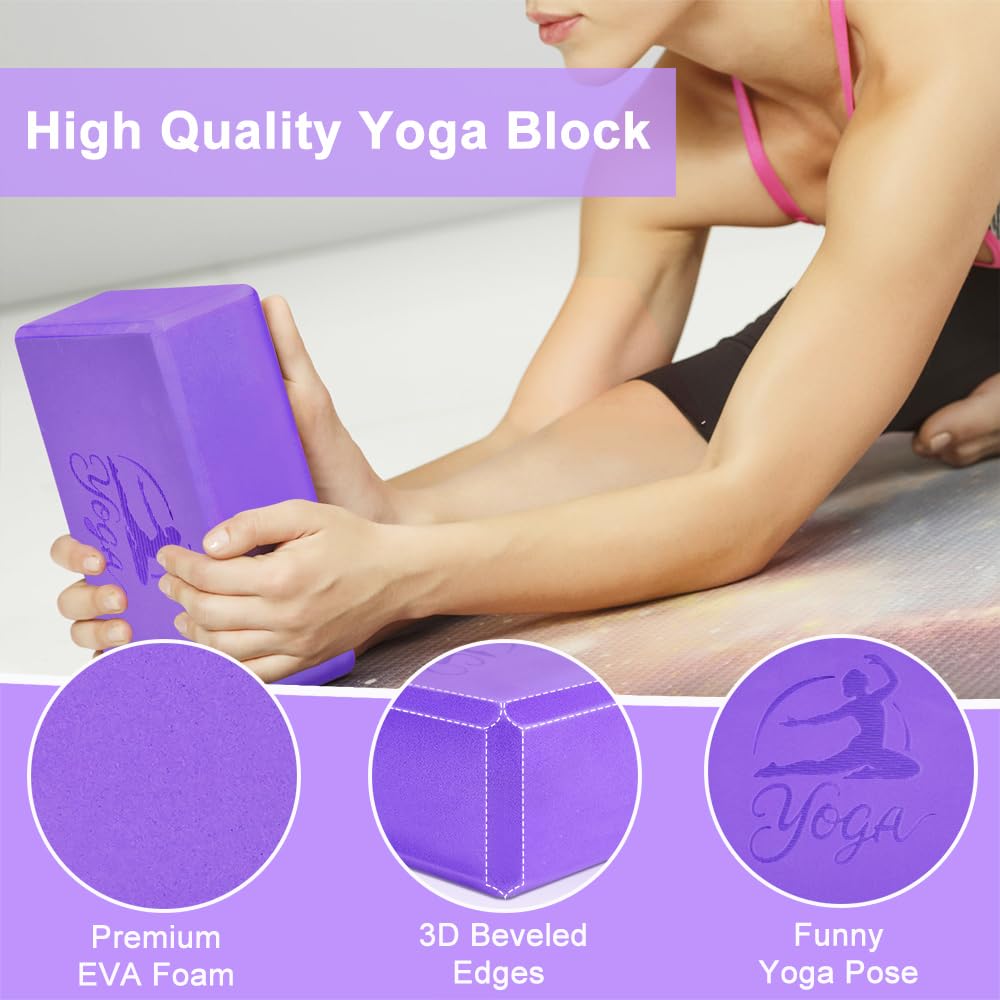 2 Yoga Block and 2 Yoga Strap Set (Purple B / 9×6×3")