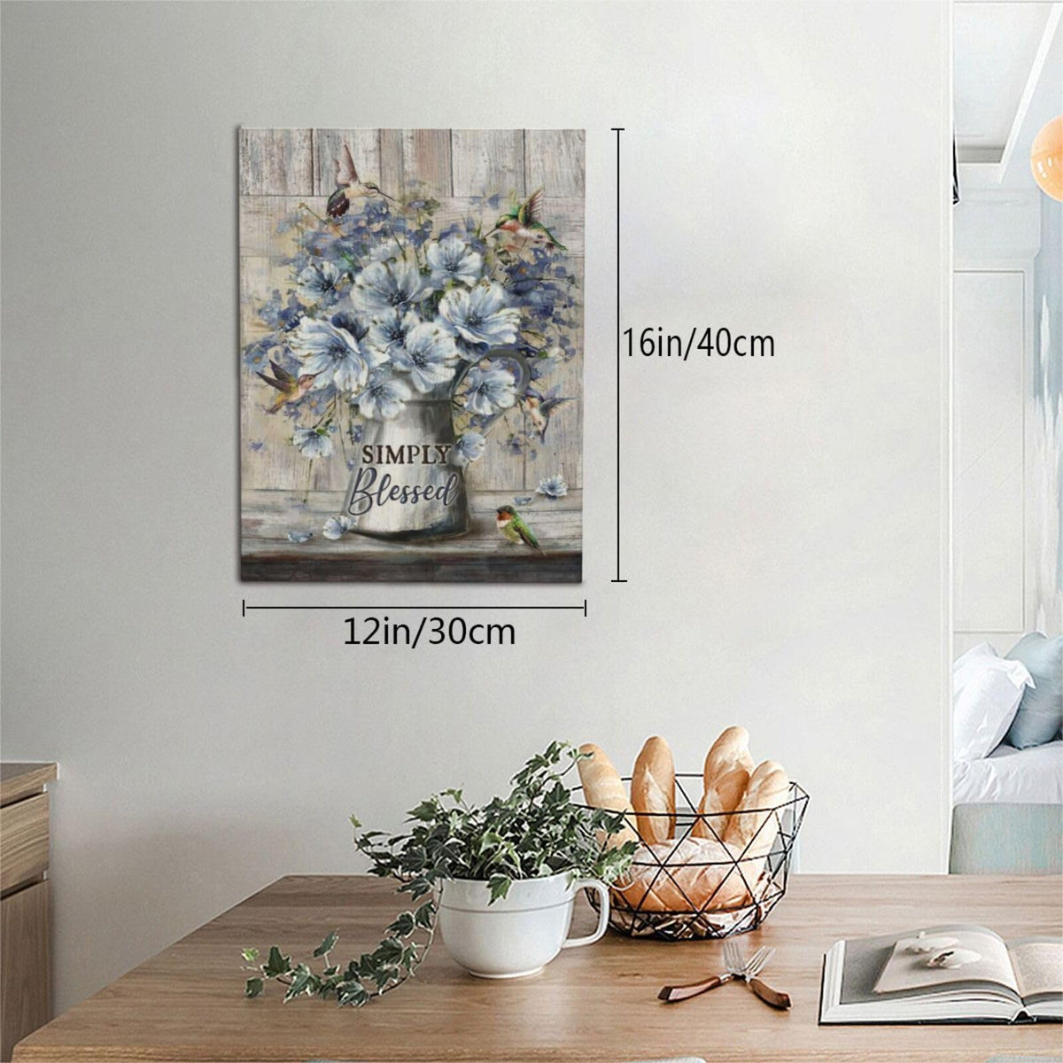 Flower Bathroom Wall Art Farmhouse Flower Pictures Wall Decor Rustic Blue Floral Hummingbird Canvas Painting Prints Modern Artwork Home Decoration for Bathroom Bedroom Living Room 16"x12" (Simply Blessed / 16"L x 12"W)