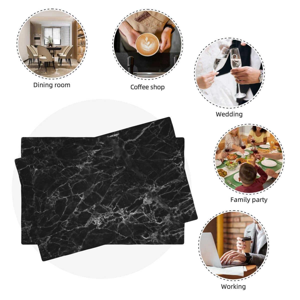 Black Glass Texture Marble Place Mat Set of 4 Pieces Heat (4PCS / Black Texture Marble)