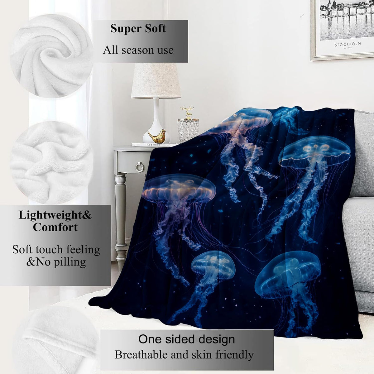 Glowing Jellyfish Blanket Ethereal Underwater Marine Life Throw Blankets (60x80in / Jellyfish)