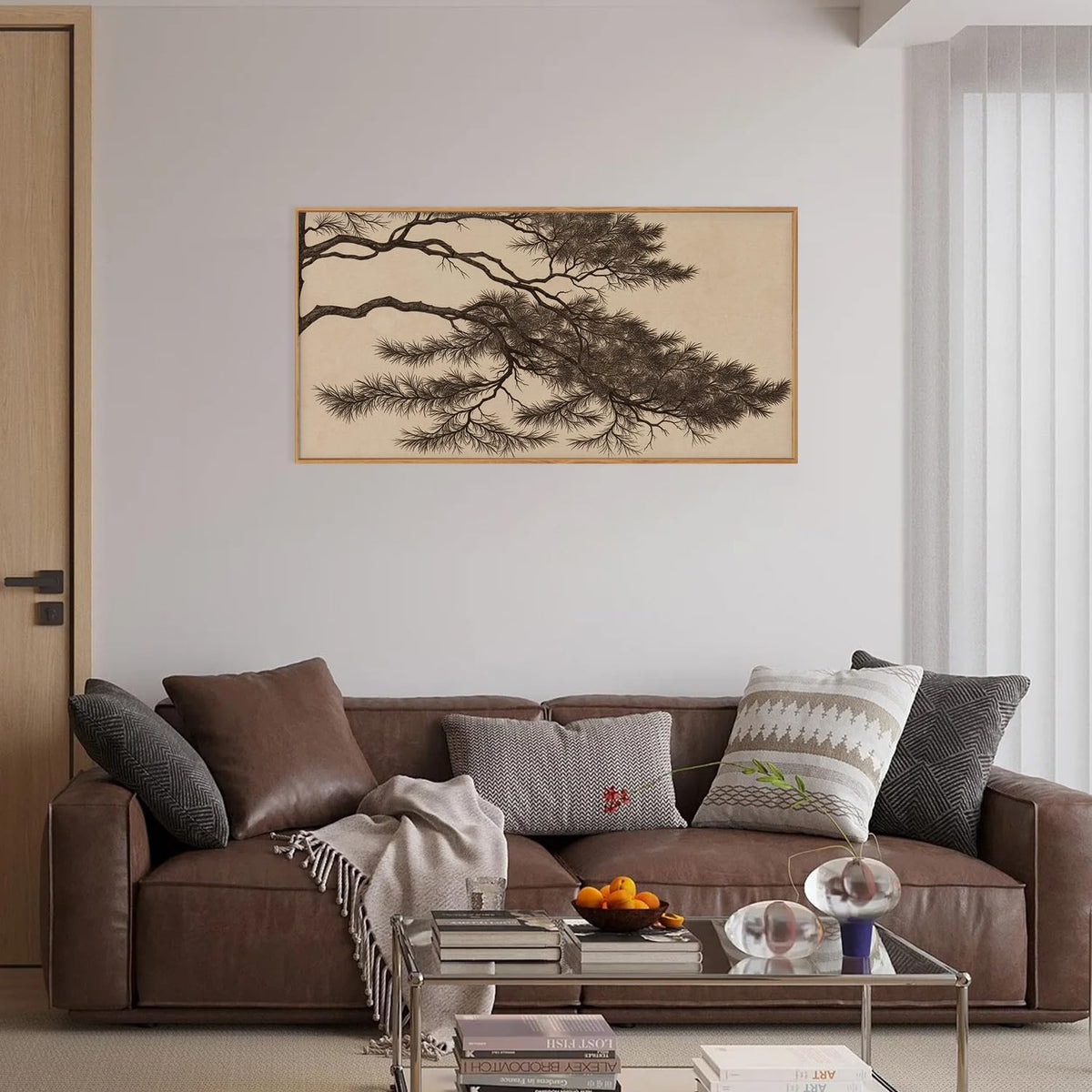 Large Vintage Pine Tree Branch Framed Canvas Wall Art (Sketch Pine Tree Wall Art / 40"L x 20"W)