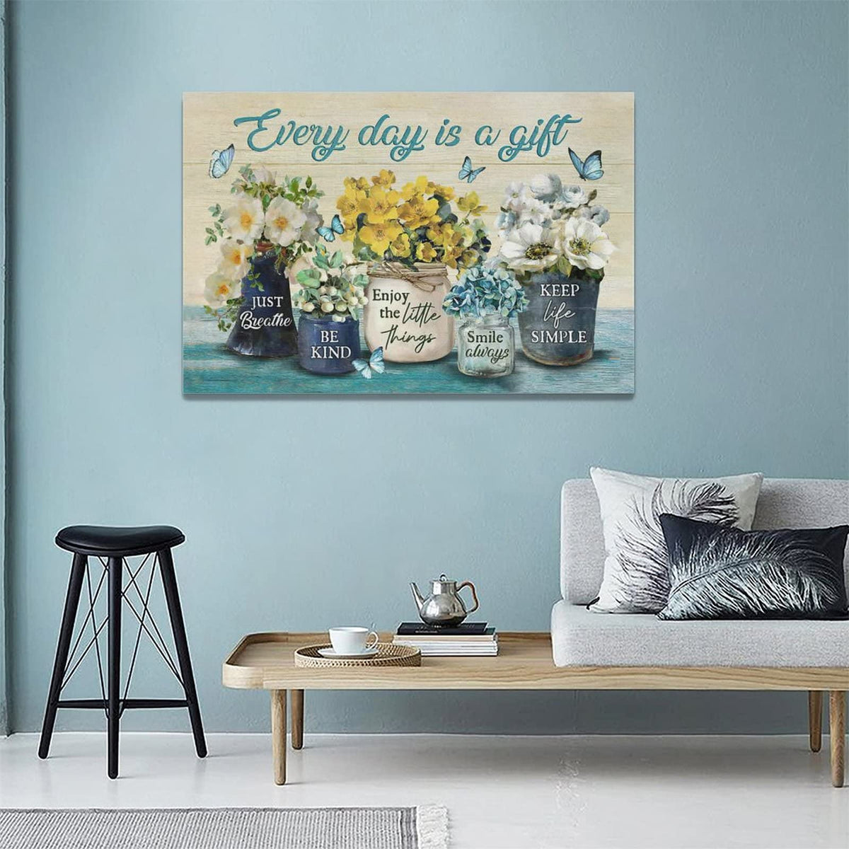 Farmhouse Bathroom Flower Decor Wall Art Every Day Is A Gift Butterfly Floral Inspirational Quotes Pictures Wall Decor Canvas Painting Prints Artwork Home Decorations Framed for Bedroom 24"x16" (Yellow Flower / 24"L x 16"W)