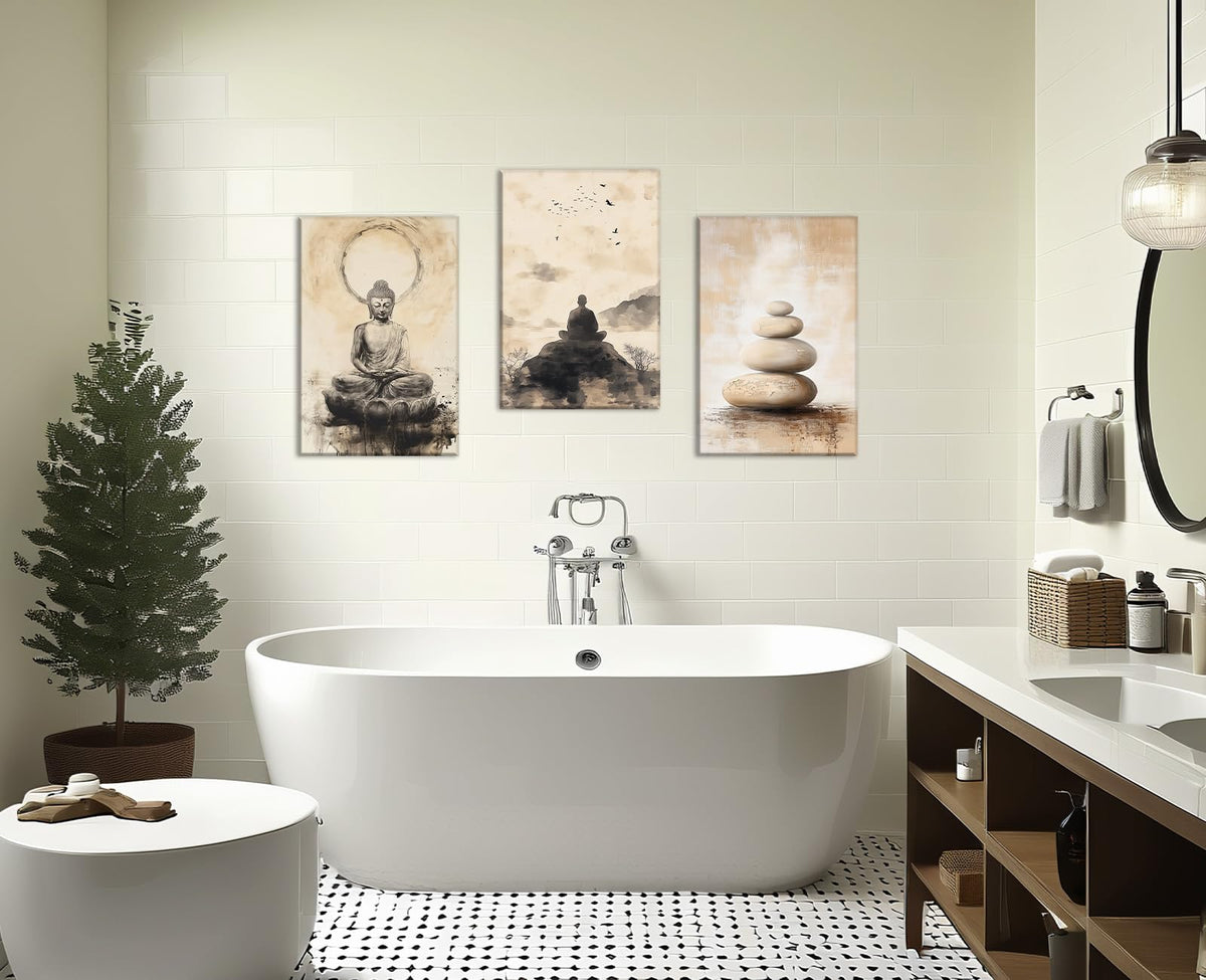 Zen Canvas Wall Art 3Pcs Buddha Picture Spa Stones Painting Vintage Prints Meditation Spiritual Artwork for Living Room Yoga Room Bathroom Home Decor Framed (Zen-7 / 16.00"x24.00"x3P)
